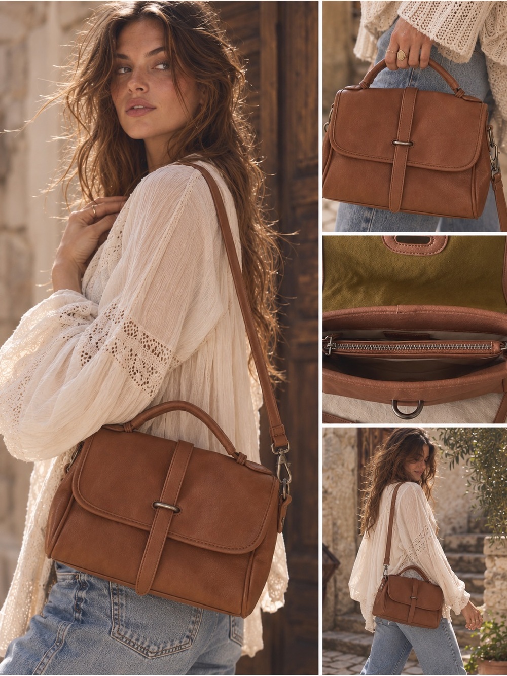 Cognac Leather-Look Top-Handle Satchel